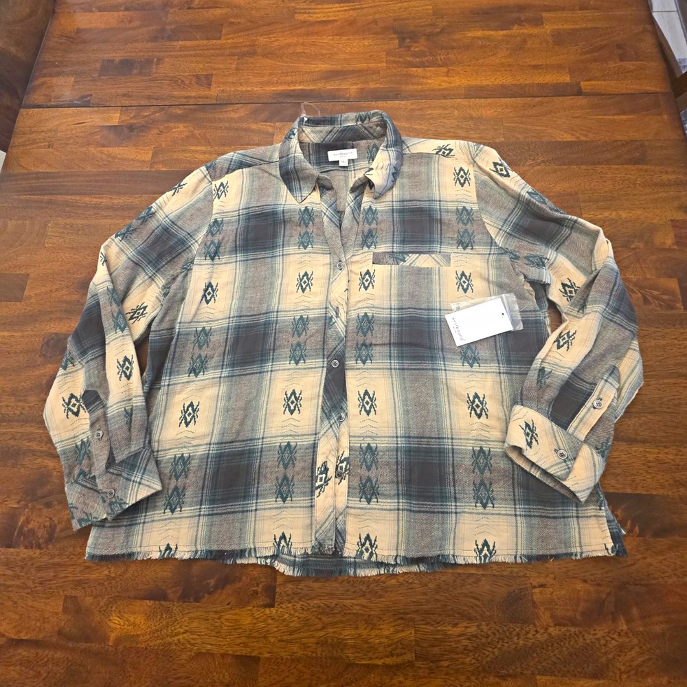 Westbound Womens petite XL Blue Beige Plaid Collared Button-Up Woven Cotton 067